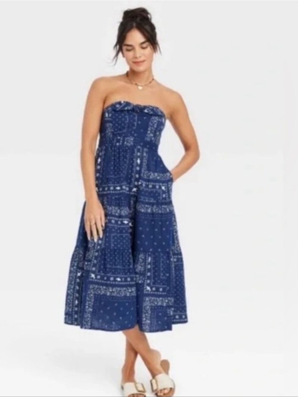 Universal Thread Womens 100% Cotton Strapless Bandana Print Midi Dress Knot